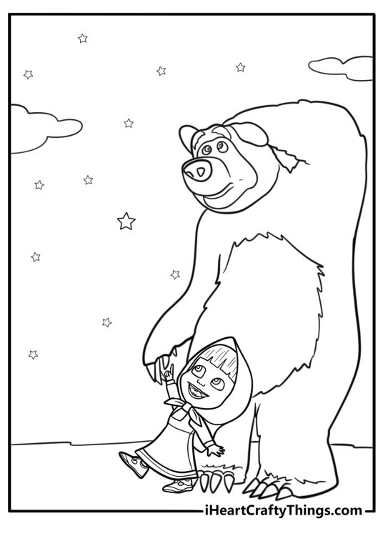Masha and the Bear watching stars coloring sheet