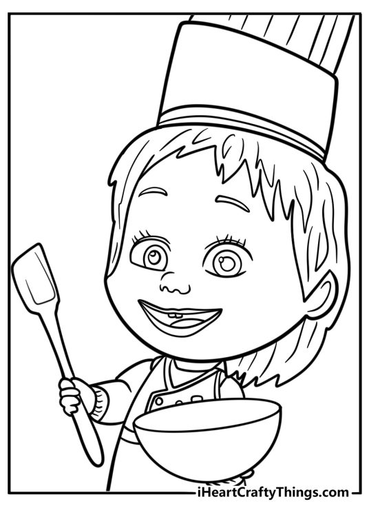Masha baking in the kitchen printable coloring page