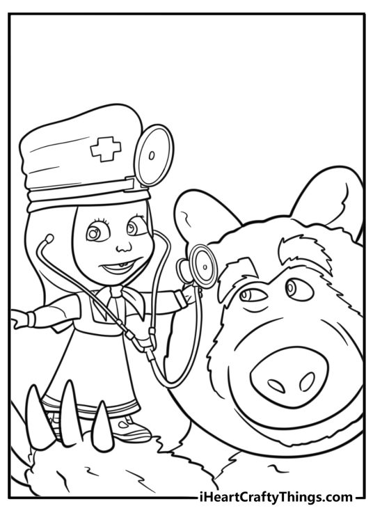 Masha dressed as a doctor checking Bear coloring sheet