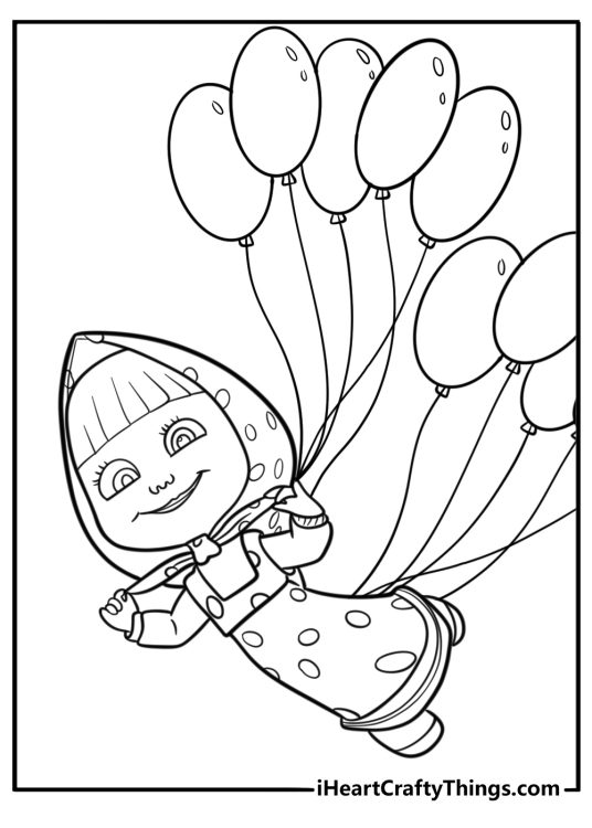 Masha flying with balloons printable coloring page