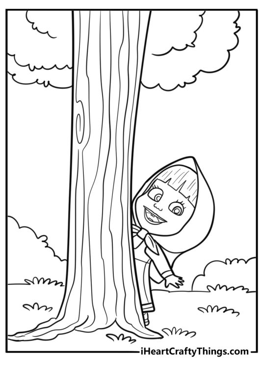Masha hiding behind a tree with a big smile coloring page
