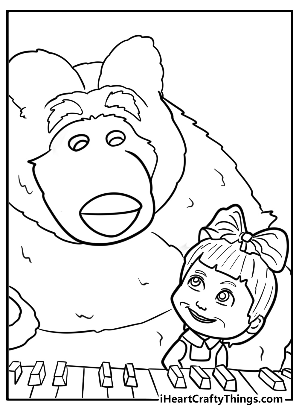 Masha playing piano with Bear listening coloring page