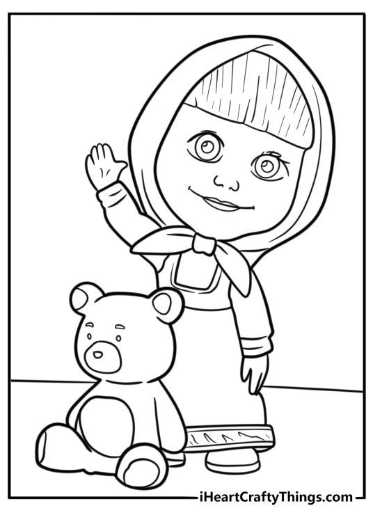 Masha playing with toys on the floor printable coloring page
