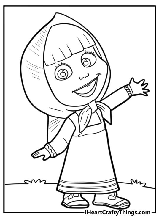 Masha smiling and waving coloring page for kids