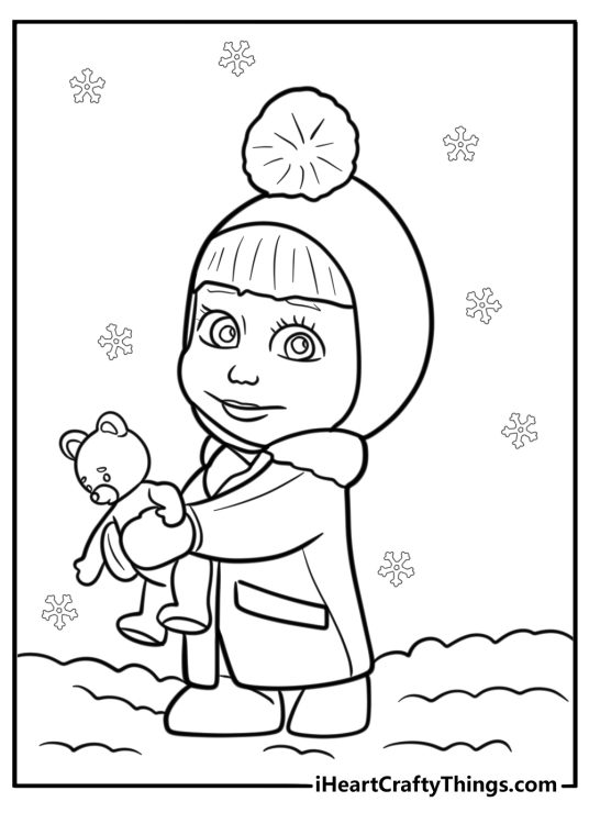 Masha wearing a winter coat and scarf coloring page