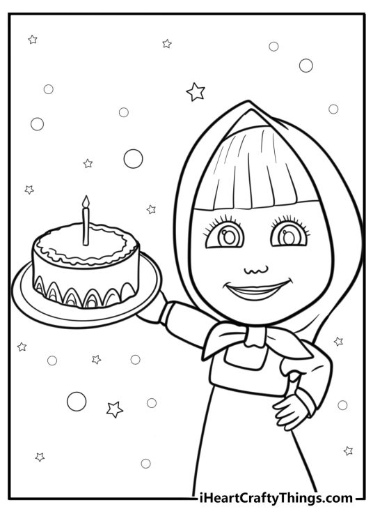 Masha with a birthday cake coloring page for kids