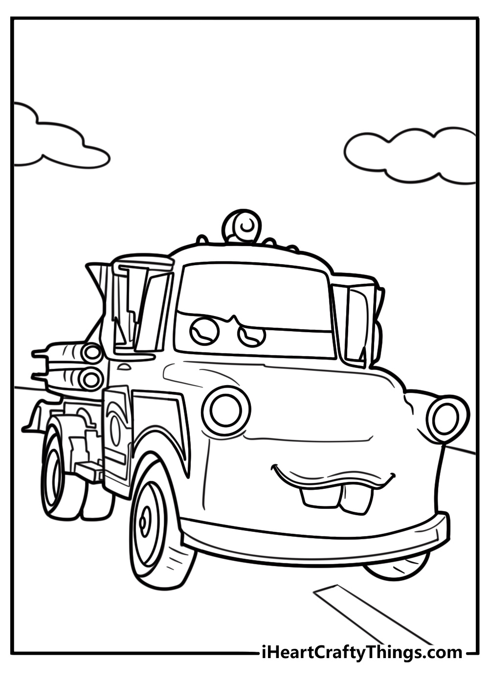 Mater as a firetruck in a fantasy scene coloring sheet