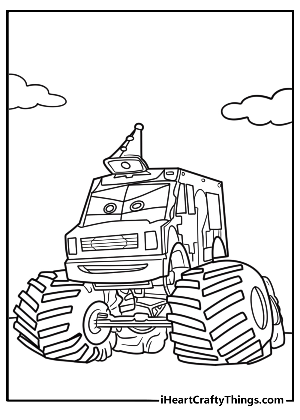 Mater as a monster truck in one of his stories coloring page
