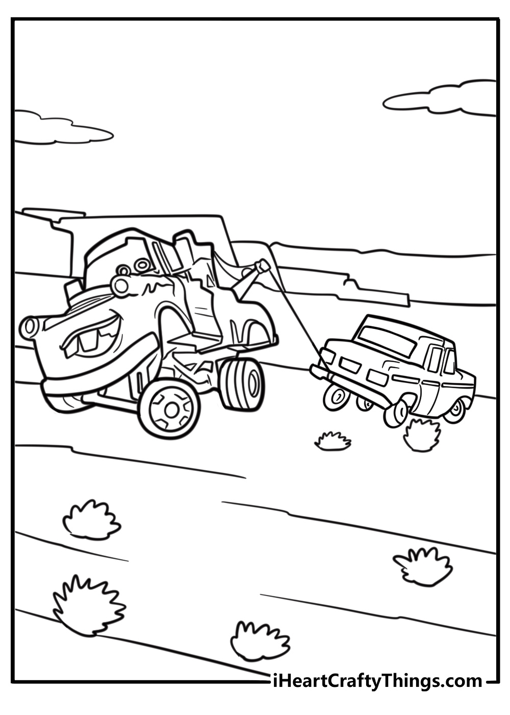 Mater in his role as a tow truck helping a broken car coloring page