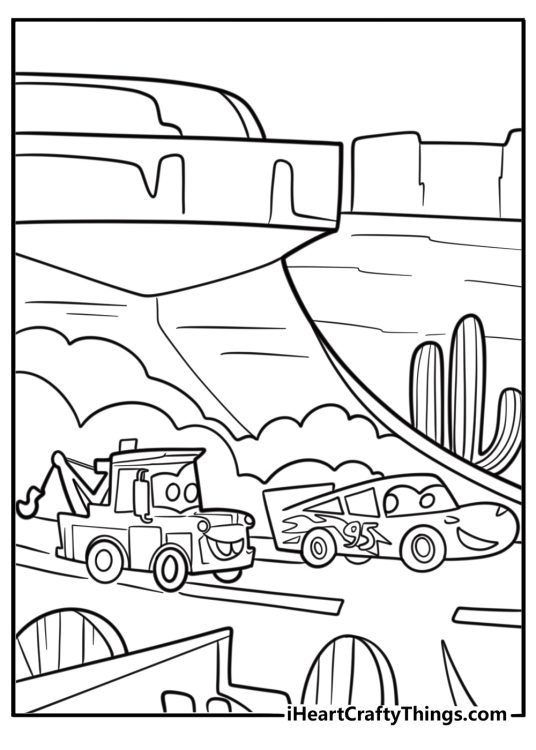 Mater racing in a demolition derby from Cars 3 coloring sheet