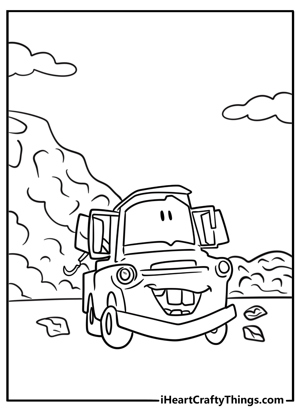 Mater sitting in front of his junkyard home coloring sheet