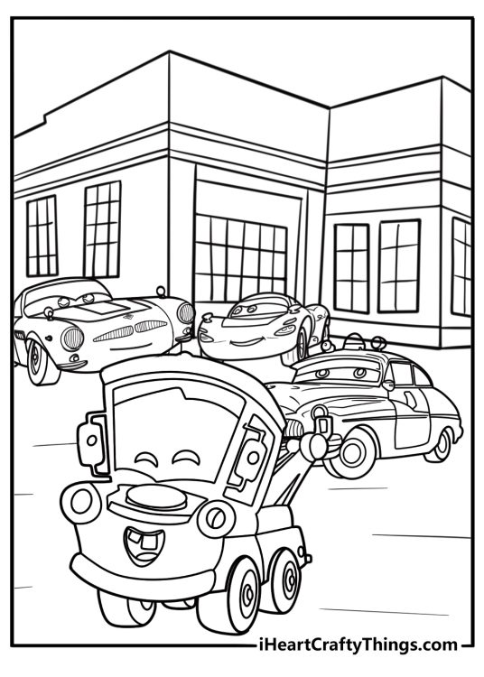 Mater with other Radiator Springs cars at the gas station coloring page