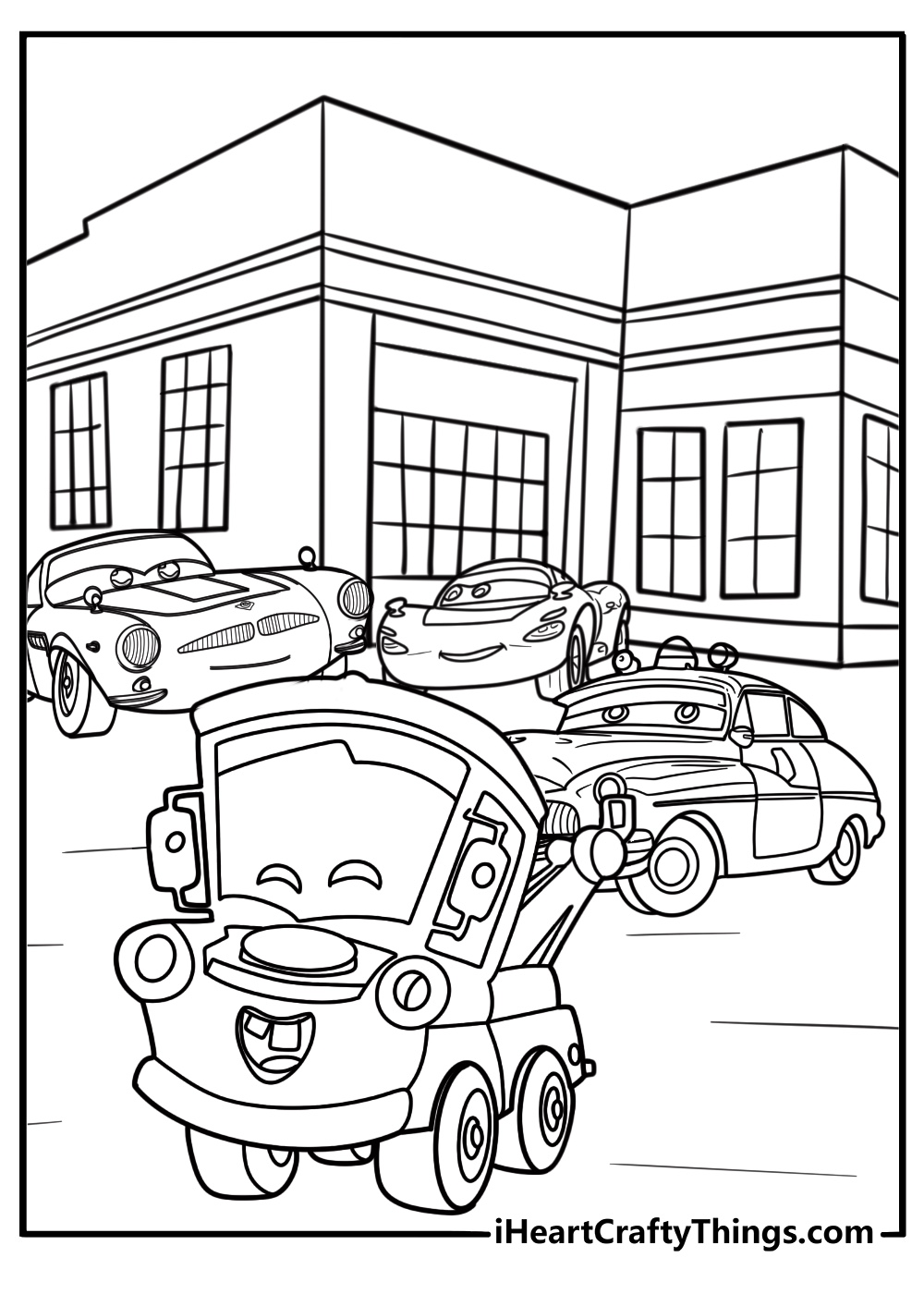 Mater with other Radiator Springs cars at the gas station coloring page