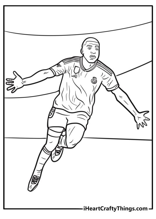 Mbappe celebrating a goal with arms out coloring page