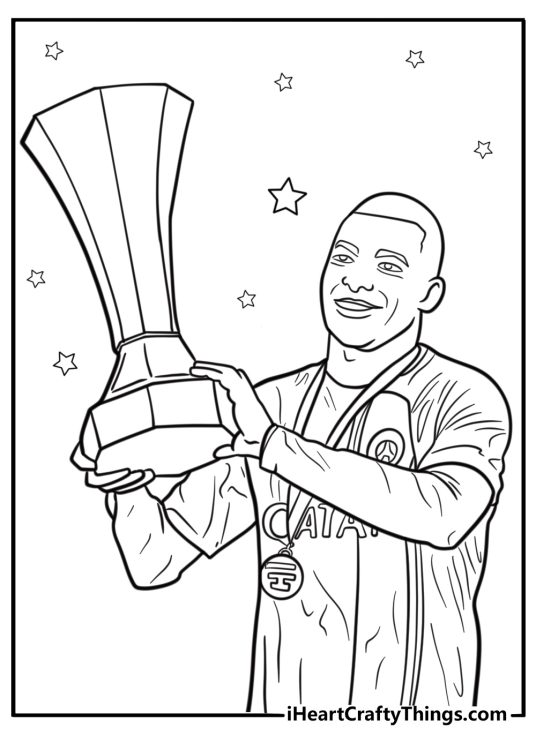Mbappe lifting a trophy after a win coloring page