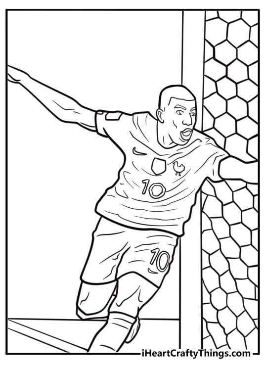 Mbappe scoring a goal in a stadium coloring page