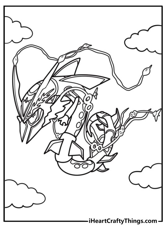 Mega Rayquaza with glowing patterns detailed coloring sheet