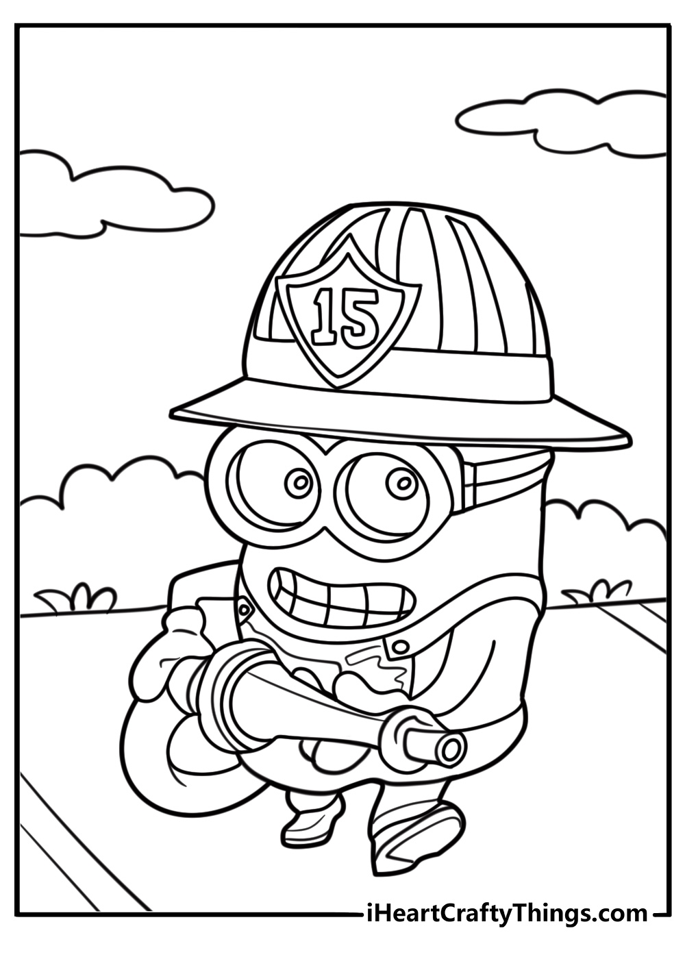 Minion in disguise as a firefighter coloring page