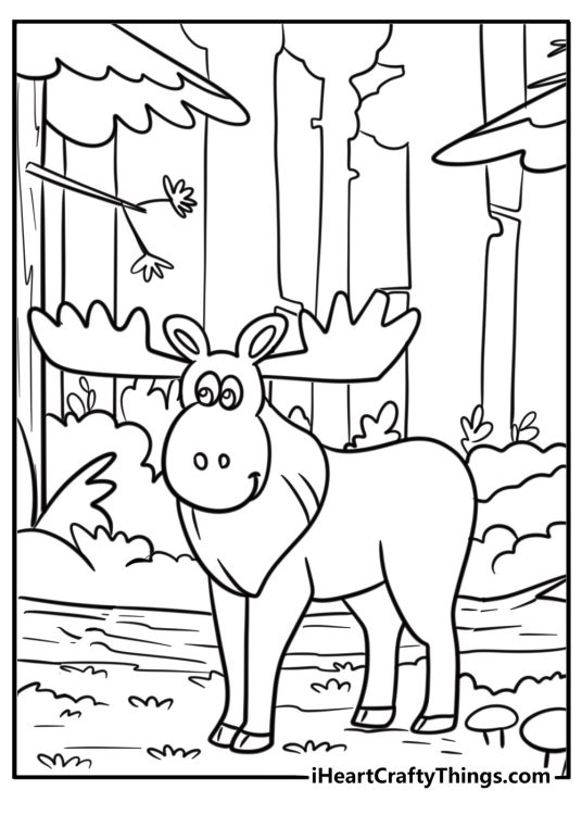 Moose standing in a forest free coloring page PDF