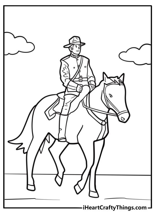 Mountie riding a horse printable coloring sheet