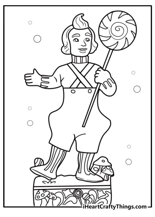 Oompa Loompa carrying a giant candy detailed coloring sheet