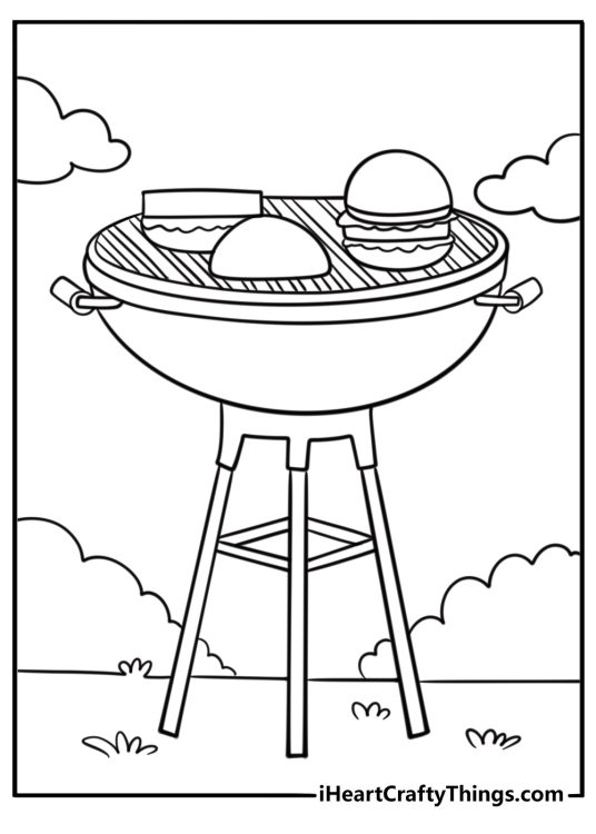 Outdoor BBQ with grill and burgers fun June coloring page