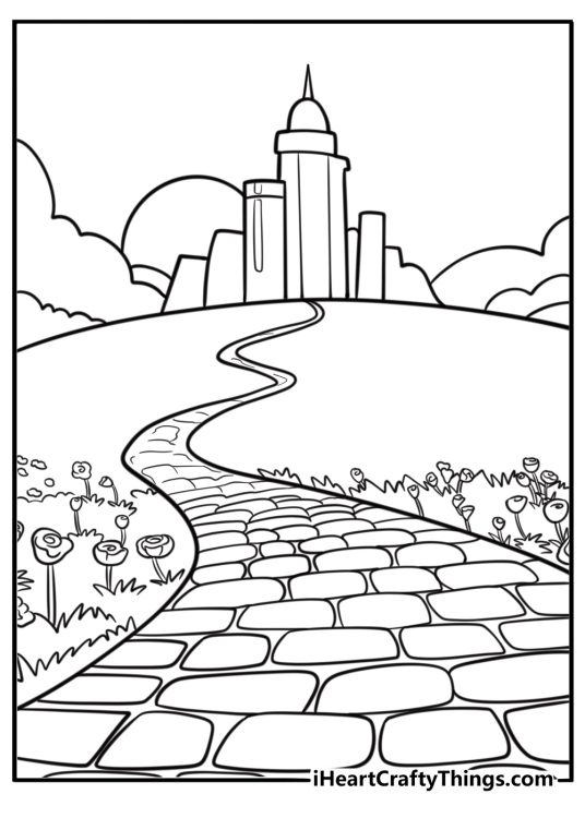 Oz landscape with yellow brick road coloring page for kids