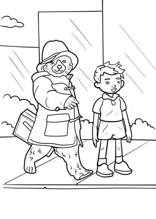 Paddington and Jonathan Brown exploring the city coloring page