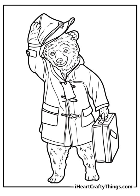 Paddington Bear with his blue coat and red hat coloring page