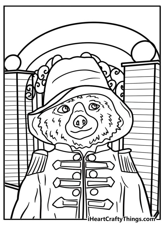Paddington dressed as a royal guard at Buckingham Palace coloring page