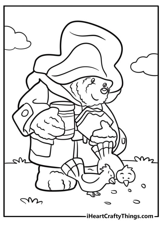 Paddington feeding pigeons at the park coloring page