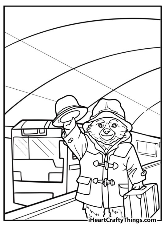Paddington holding a suitcase at the train station coloring page