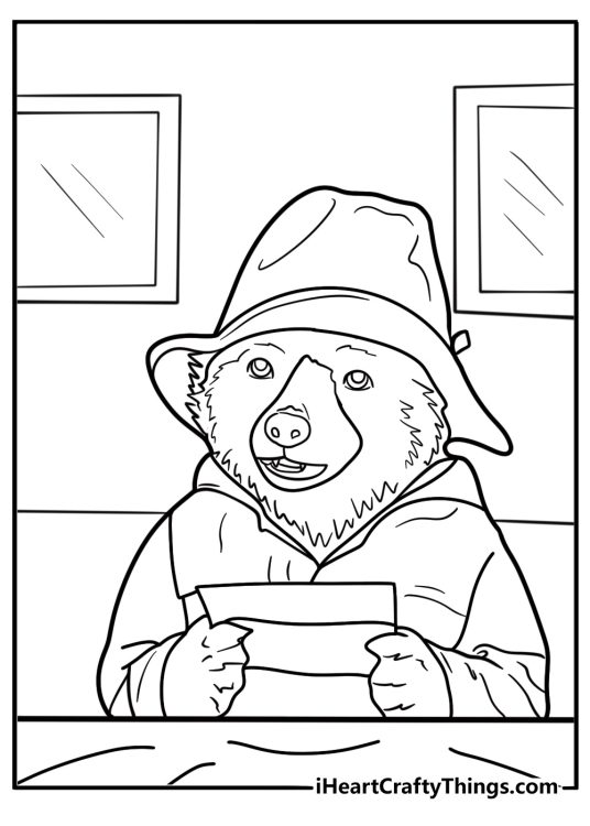 Paddington reading a letter from Aunt Lucy coloring page