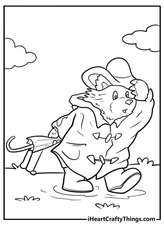 Paddington trying on a pair of rain boots coloring page