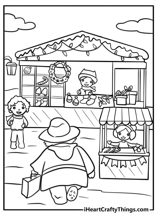 Paddington walking through the market with shopping bags coloring page