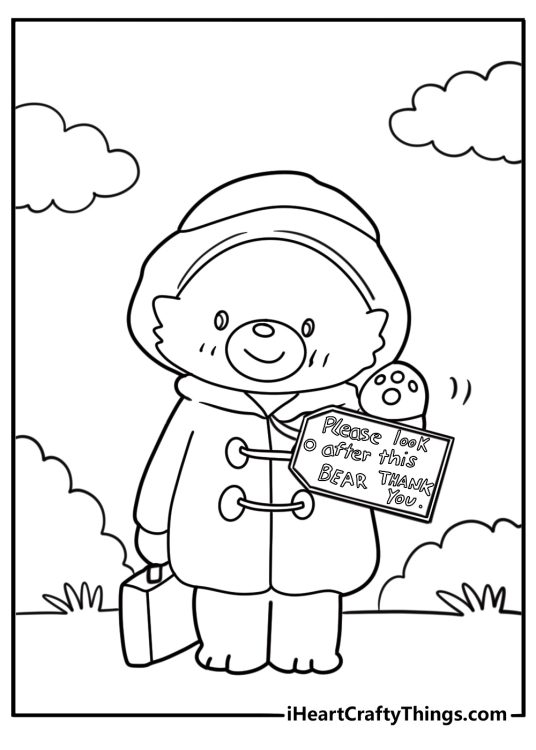 Paddington with his tag that says Please look after this bear coloring page