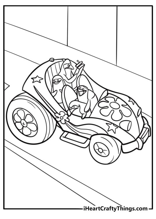 Penguins driving a vehicle coloring page
