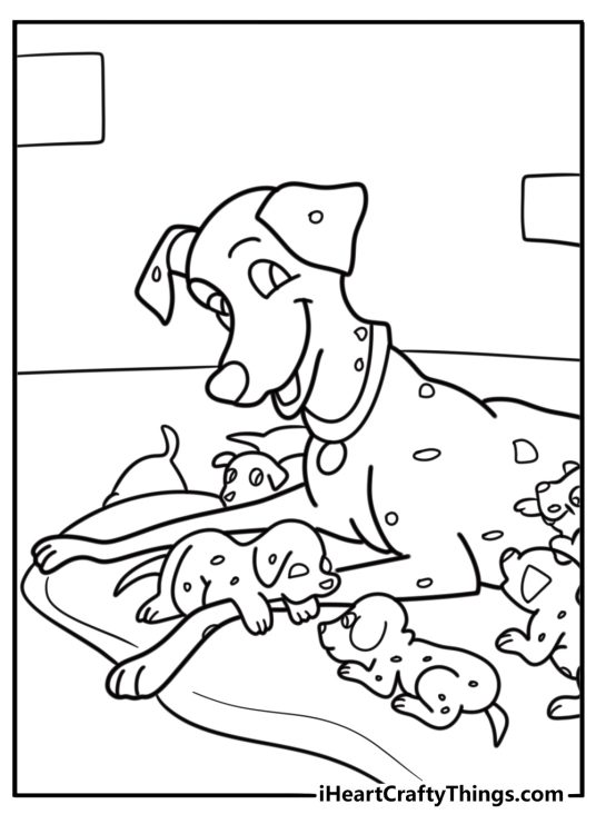 Perdita caring for her Dalmatian puppies coloring page