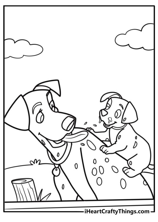 Perdita licking one of her puppies fun printable coloring sheet