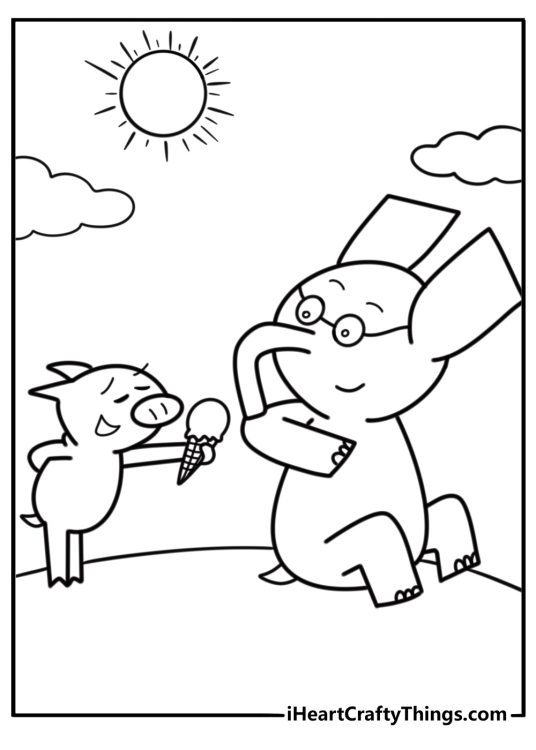 Piggie and Gerald sharing an ice cream detailed coloring sheet
