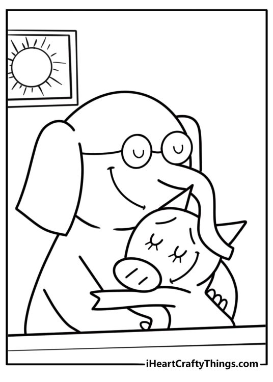 Piggie giving Elephant Gerald a hug fun coloring sheet