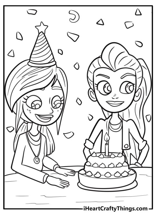 Polly Pocket at a birthday party detailed coloring sheet