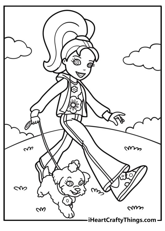 Polly Pocket holding a puppy free printable coloring page