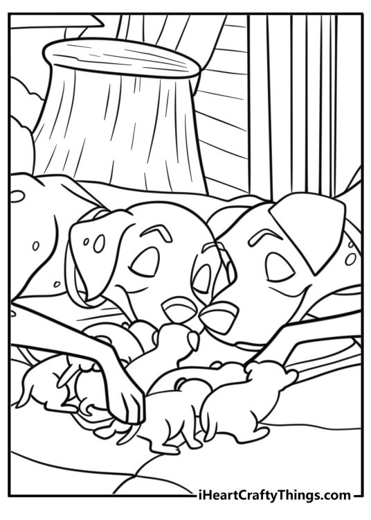 Pongo and Perdita cuddling their puppies detailed coloring sheet