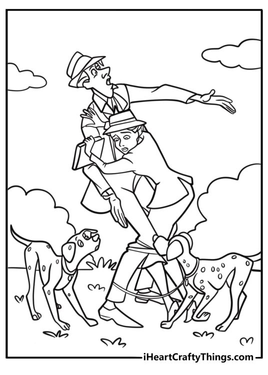 Pongo and Perdita in the park with Roger and Anita free coloring page pdf
