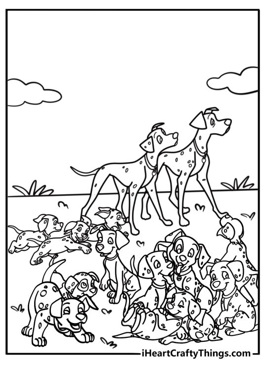 Pongo and Perdita leading all 101 Dalmatians coloring page