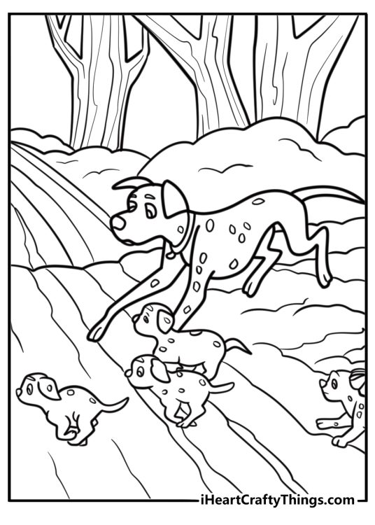 Pongo leading the puppies through the snow free printable coloring page