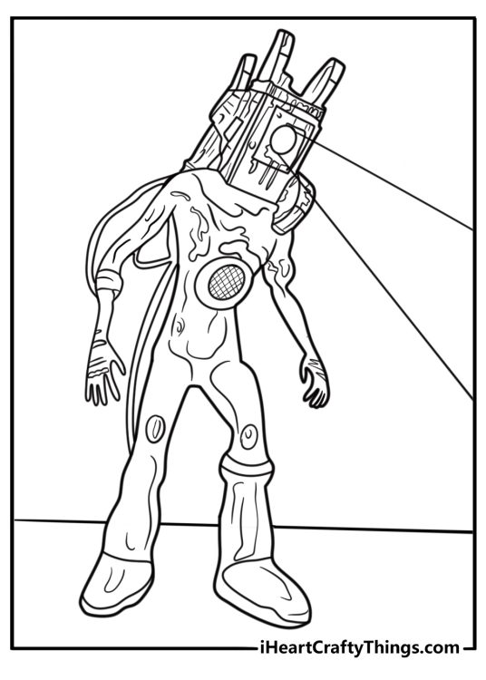 Projectionist with glowing head in a dark room coloring page