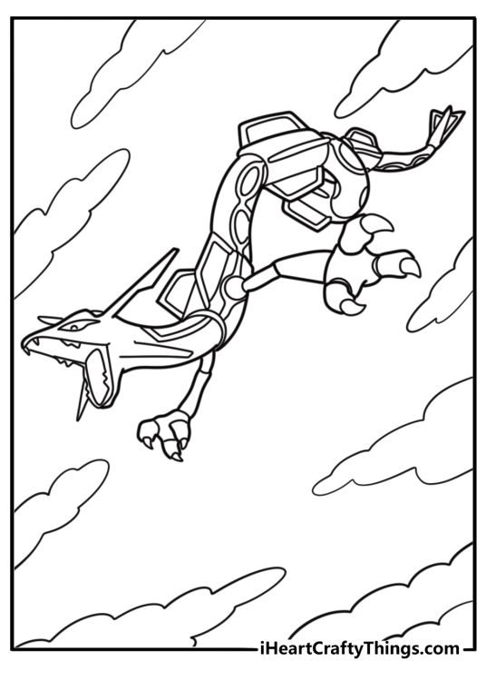 Rayquaza flying above clouds printable coloring sheet