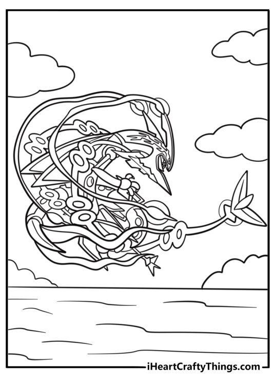 Rayquaza flying above ocean waves coloring page